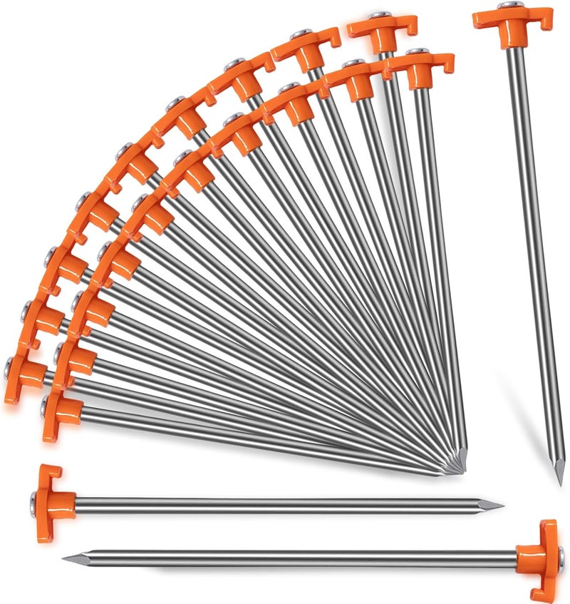 Nexboraque 20 Pack Tent Stakes - 9.75 Inch Galvanized Non-Rust Ground Stakes Heavy Duty Canopy Anchors Metal Tent Pegs for Camping, Garden, Hiking, Orange - Image 1